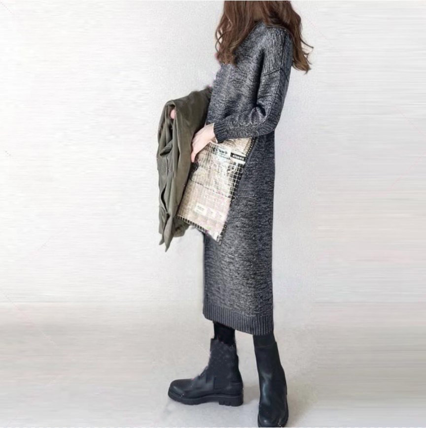 時尚小高領花灰毛織洋裝