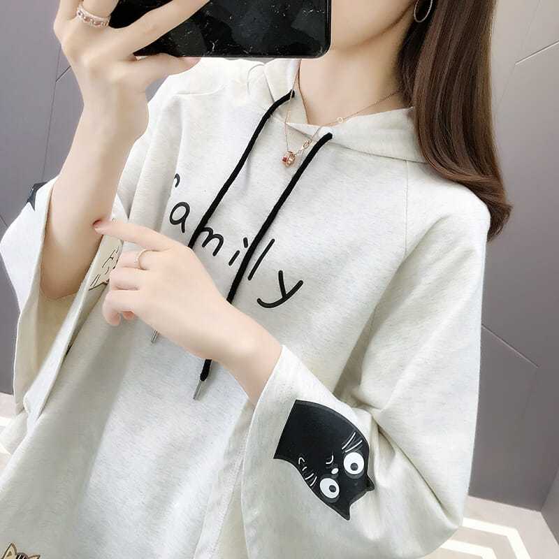 時尚貓咪印花寬鬆顯瘦斗篷款蝙蝠袖連帽衛衣