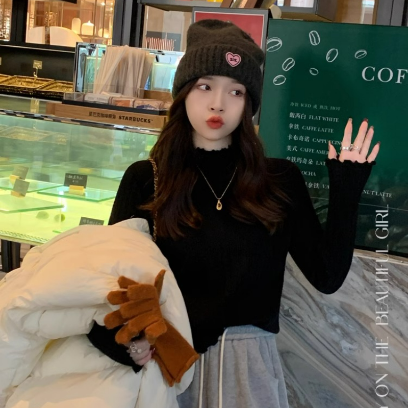 精緻木耳邊半高領修身內搭軟糯針織打底衫