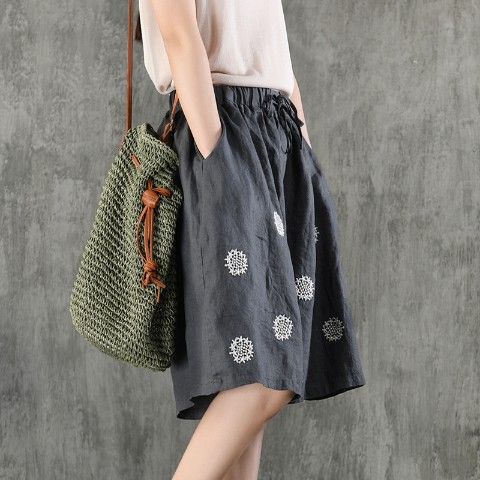 復古文藝百搭顯瘦刺繡闊腿五分褲裝