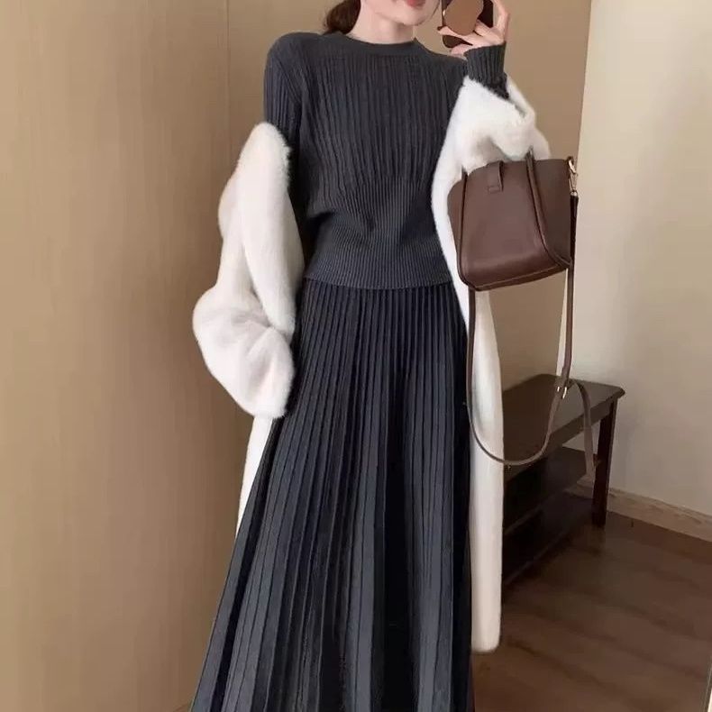 【單件/套裝】收腰顯瘦圓領時尚減齡針織毛衣+高腰半身長裙兩件套裝