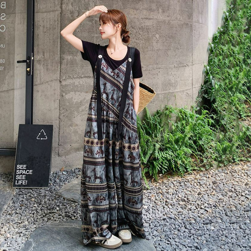 【單件/套裝】小眾波西米亞民族風背帶連體闊腿褲+短袖兩件套裝