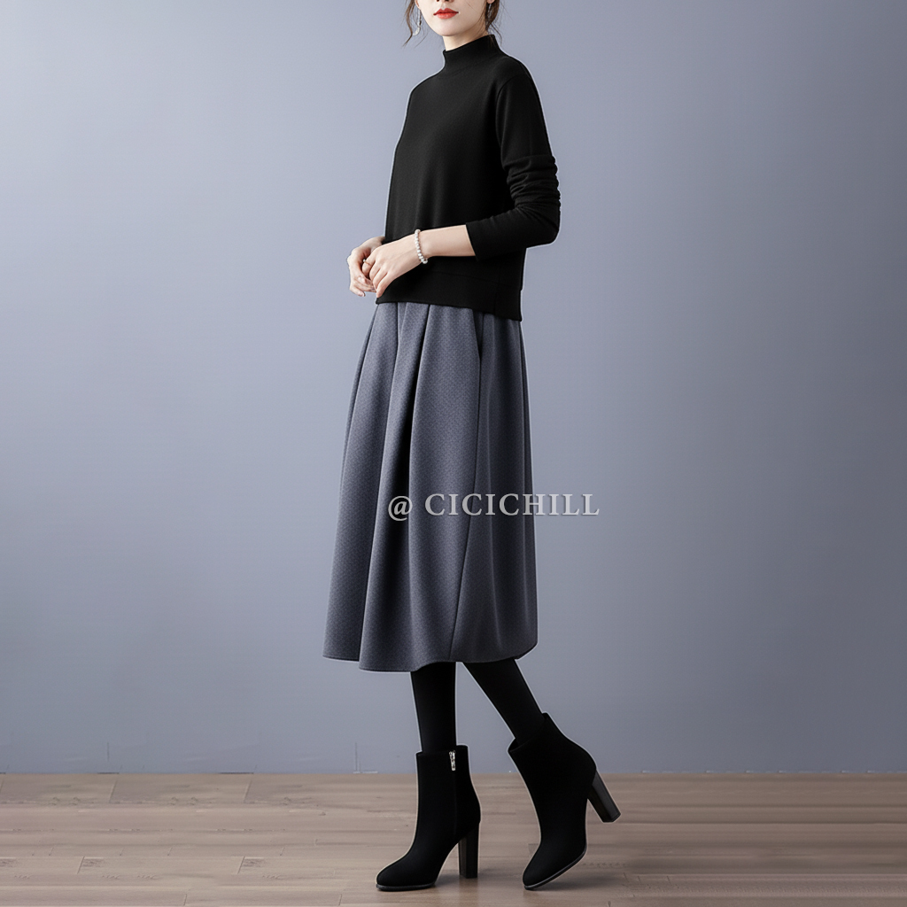 日韓休閑圓領長袖潮流拼色假兩件洋裝