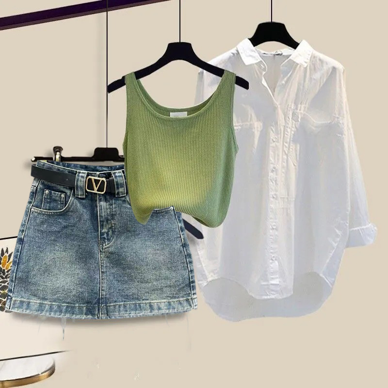 【單件/套裝】韓版百搭襯衫背心顯瘦牛仔裙三件套裝