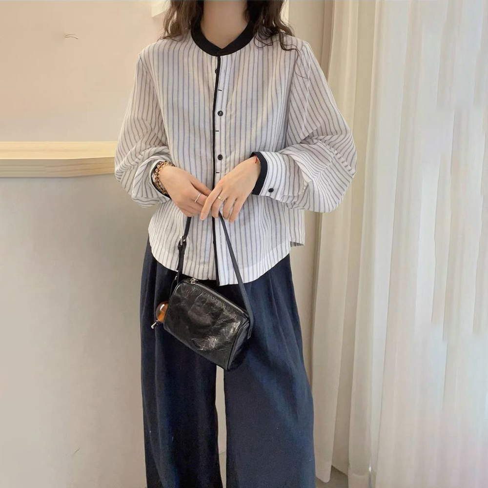 新中式設計感燈籠袖豎條紋休閒長袖襯衫