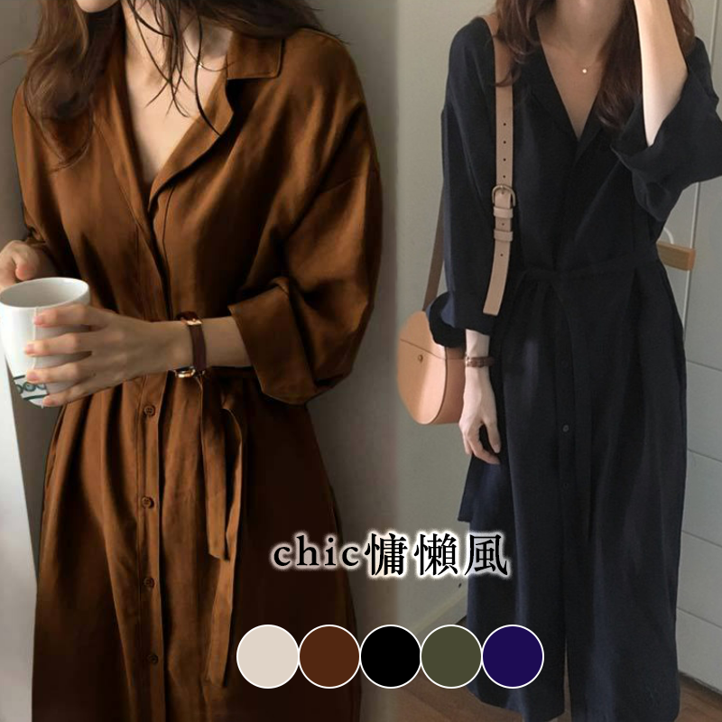 韓國chic寬鬆系帶收腰襯衫風衣外套