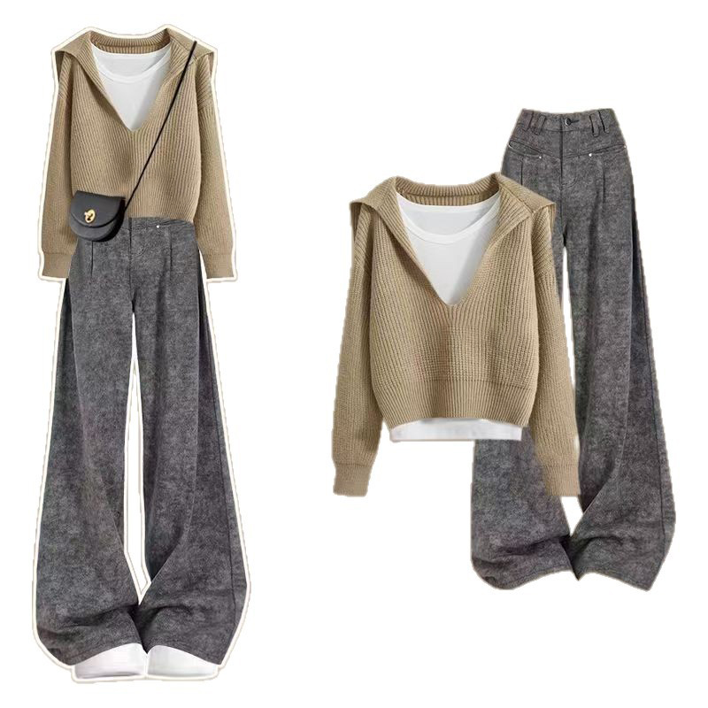 【單件/套裝】韓系休閒風時尚洋氣毛衣+背心+氣質灰色褲子兩件套