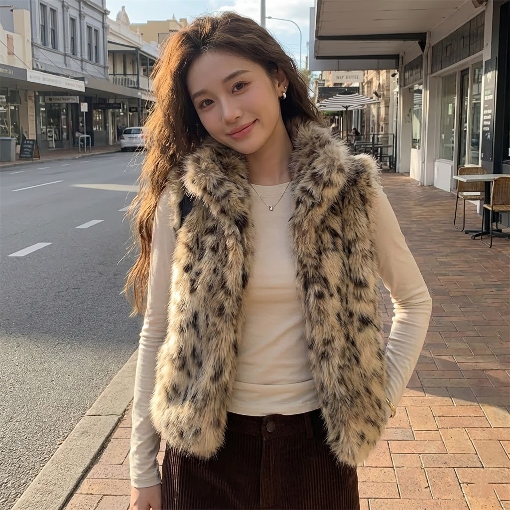 雙面穿時髦俏皮漸變雪豹皮草馬甲外套