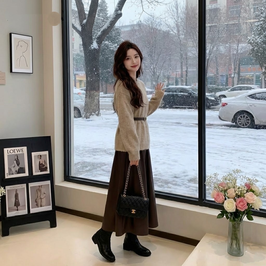 【單件/套裝】素色長袖針織衫+高腰半身裙兩件套