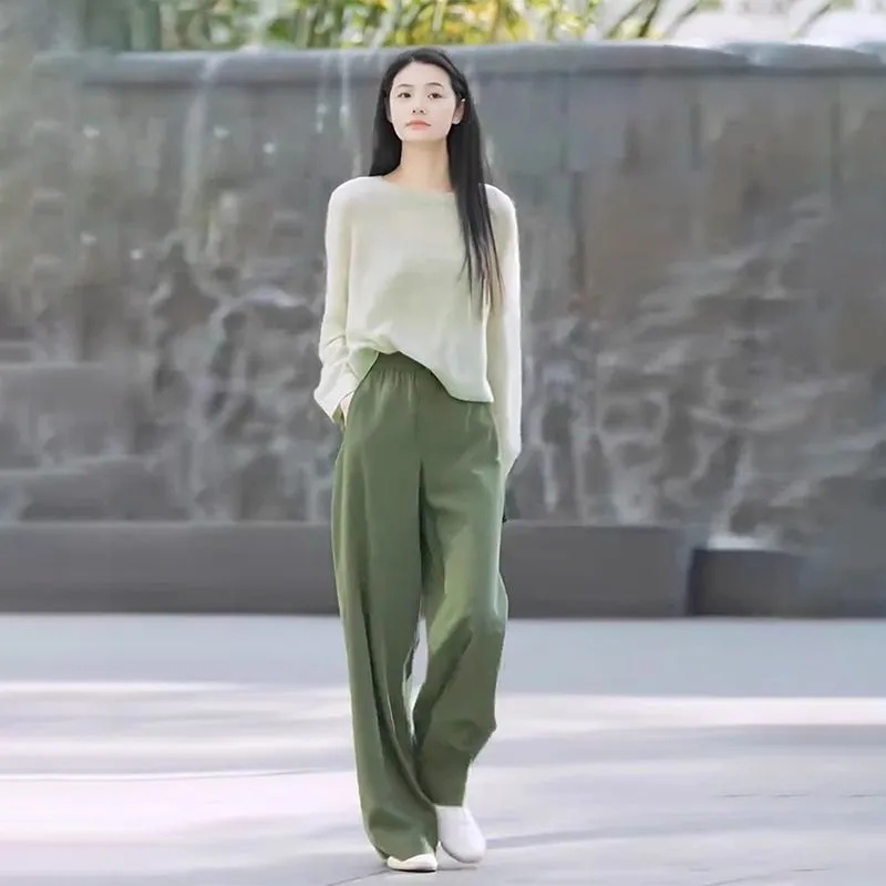 【整套】慵懶圓領上衣+闊腿褲兩件套裝