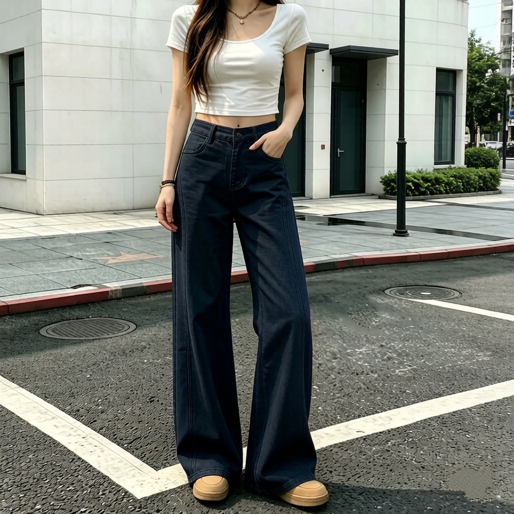 彎刀休閒褲中高腰提臀顯瘦百搭闊腿褲