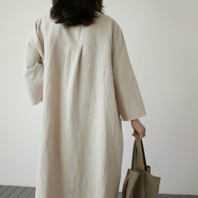 韓版棉麻寬鬆大碼時尚大口袋中長休閒洋裝