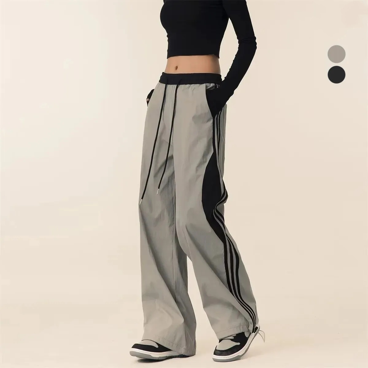 美式三條杠直筒闊腿垂感工裝運動風褲裝