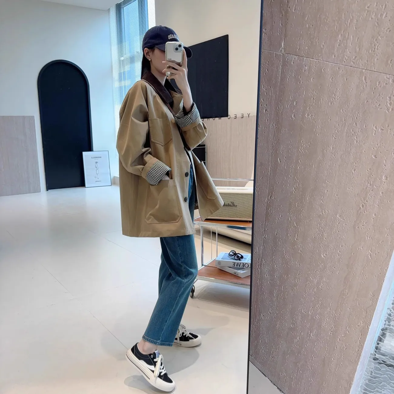 休閑高級感撞色中長款風衣寬鬆卡其色外套