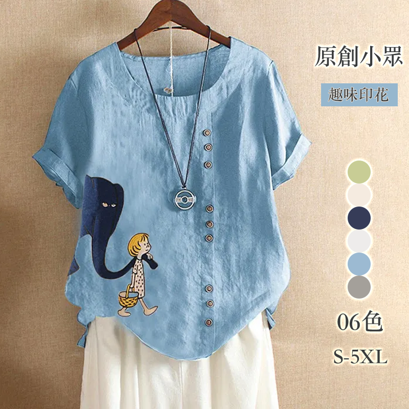 復古休閒寬鬆棉麻套頭T恤短袖