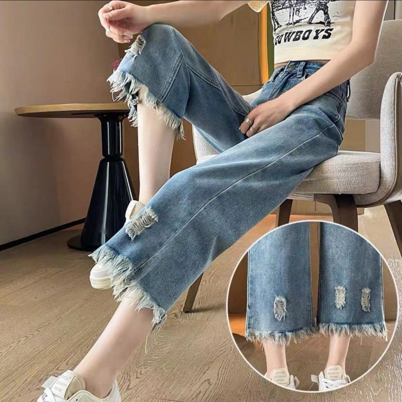 時尚薄款寬鬆破洞流蘇直筒闊腿九分牛仔褲裝
