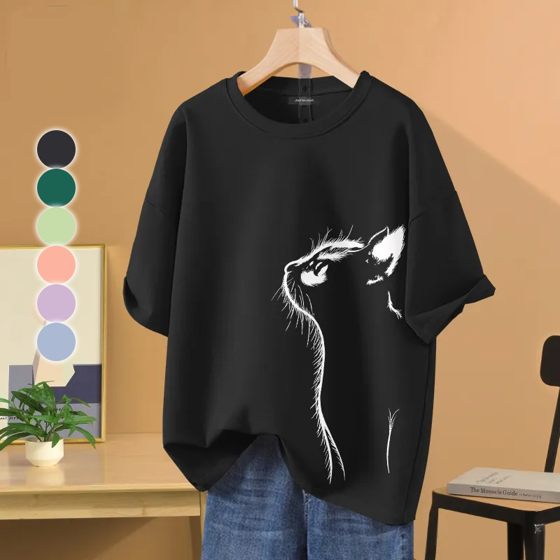 薄款時尚百搭貓印花圓領透氣短袖t恤