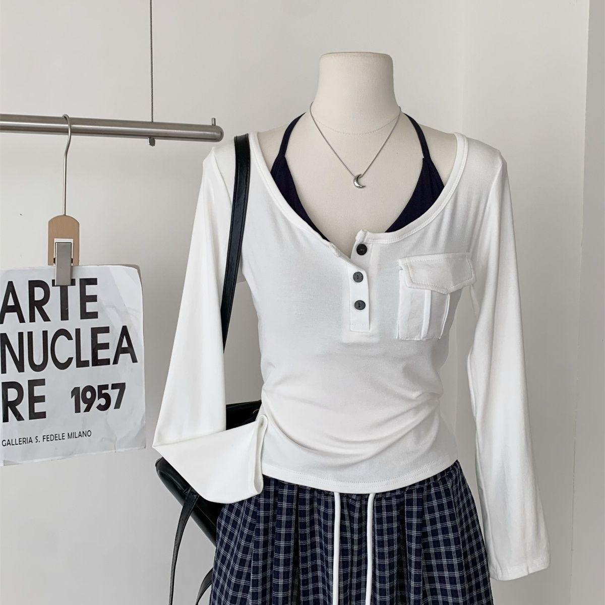 【單件/套裝】慵懶風韓系將兩件掛脖U領長袖T恤+高腰格紋闊腿褲兩件套裝