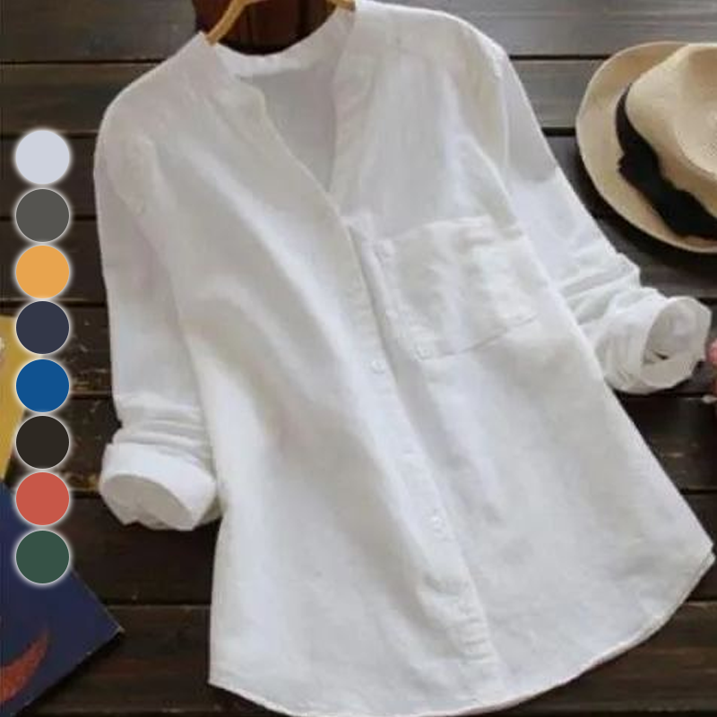 棉麻顯瘦文藝v領寬鬆九分袖襯衫