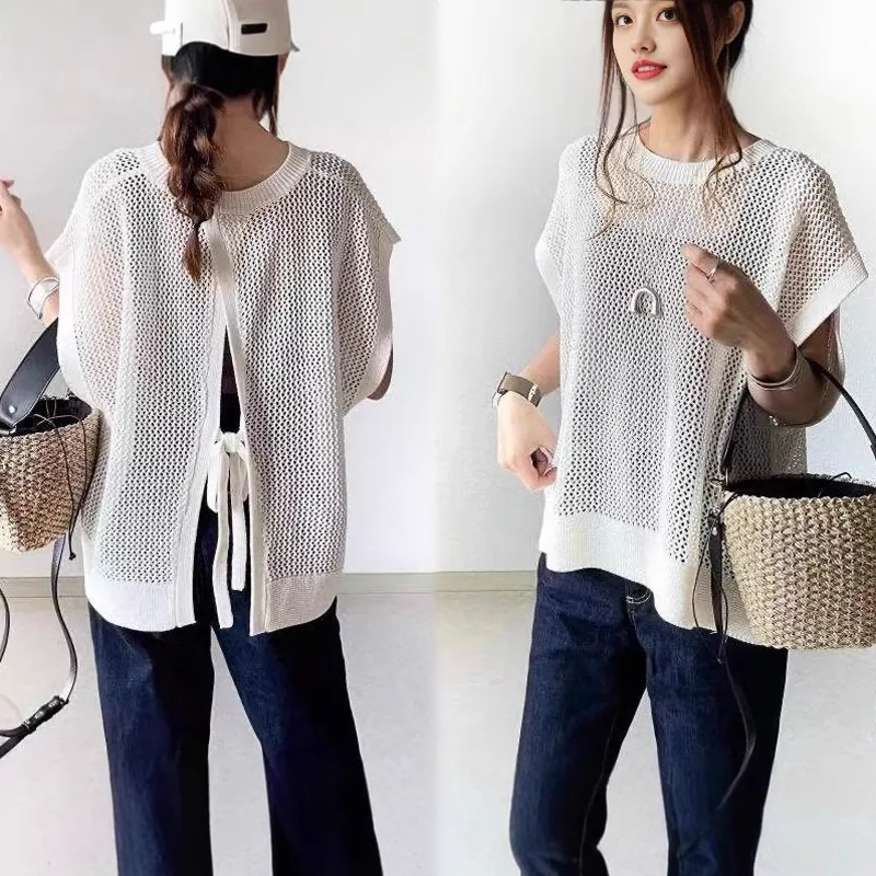 鏤空微透純色網衫寬鬆圓領套頭休閒短袖