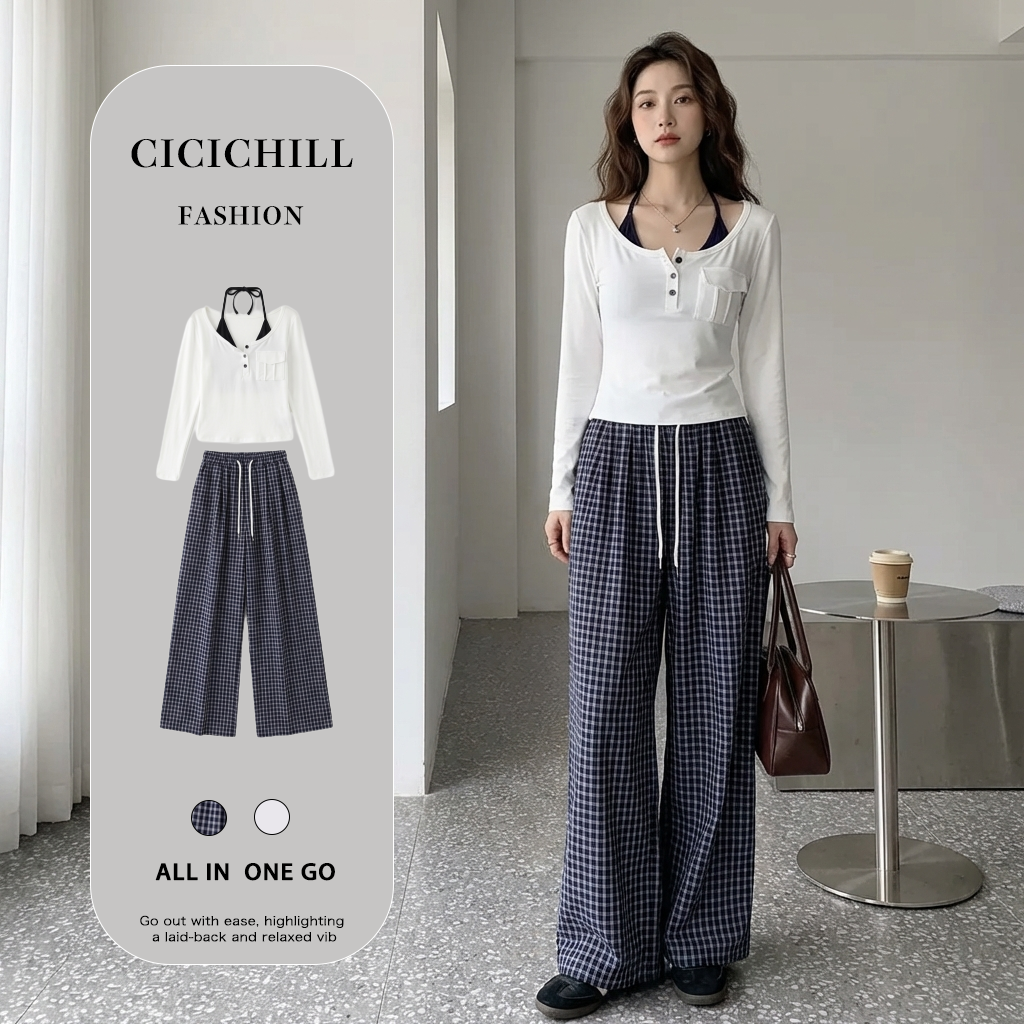 【單件/套裝】假兩件掛脖長袖T恤+高腰格紋闊腿褲兩件套裝