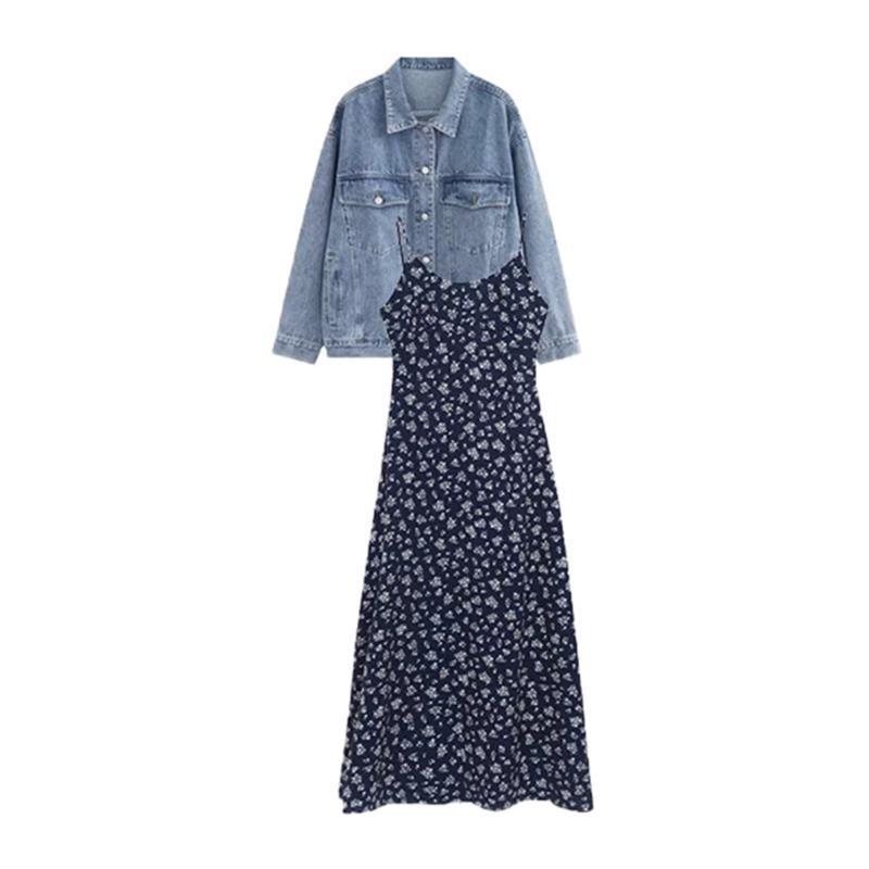 【單件/套裝】韓系茶系穿搭牛仔外套+碎花吊帶洋裝兩件套裝