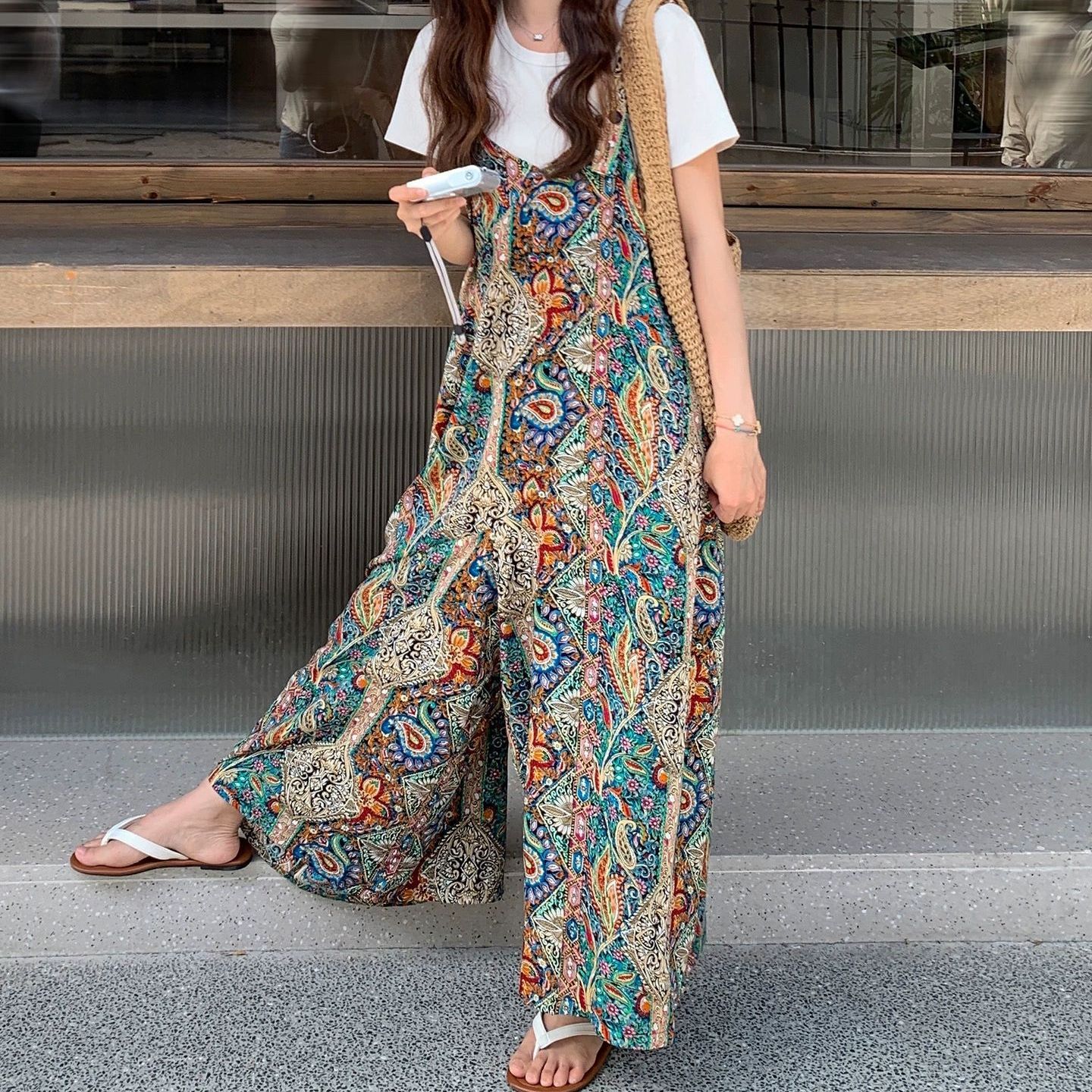 【單件/套裝】白色短袖+法式復古波西米亞風闊腿背帶連體褲兩件套裝