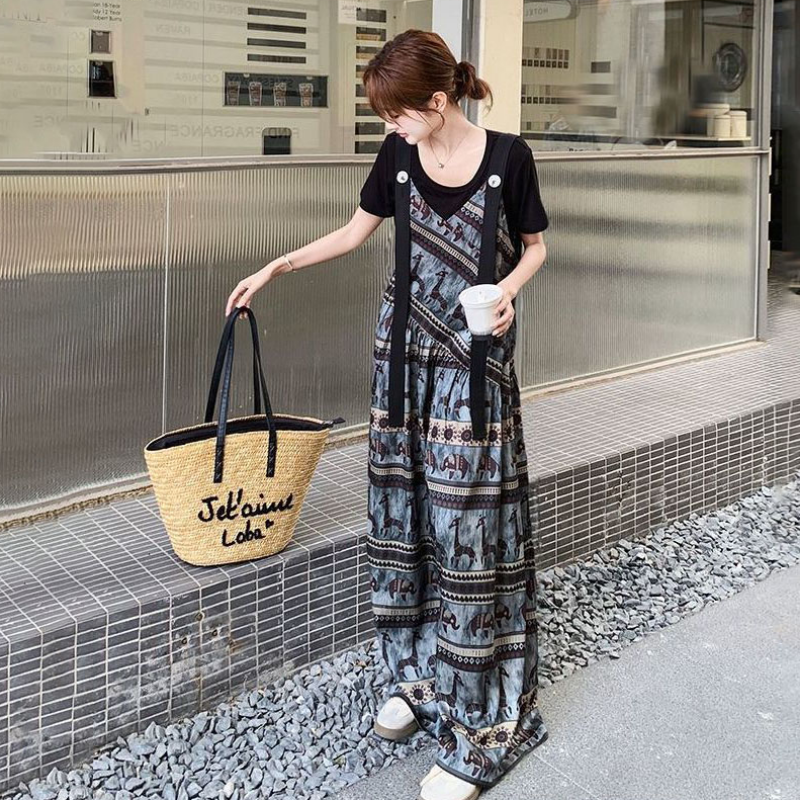 【單件/套裝】小眾波西米亞民族風背帶連體闊腿褲+短袖兩件套裝