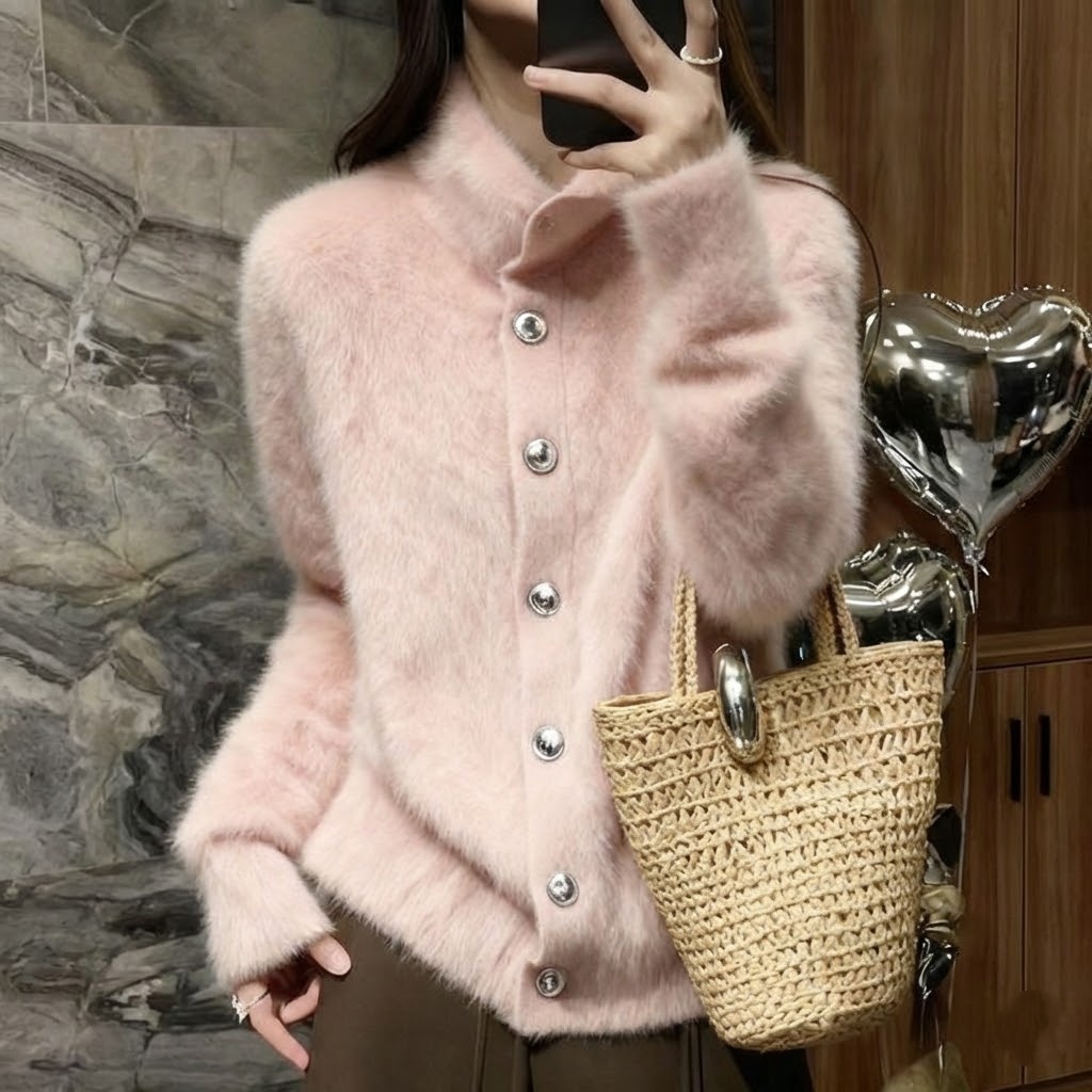 仿水貂韓系慵懶毛衣外套寬鬆針織開衫