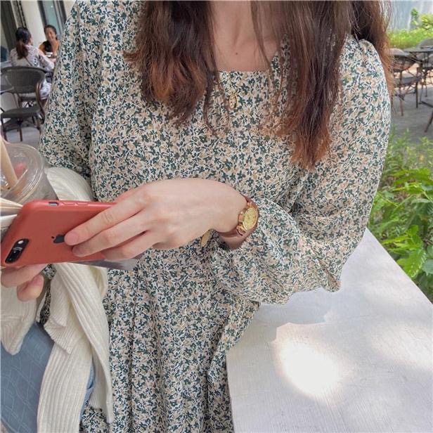 森系桔梗碎花氣質魚尾長版洋裝