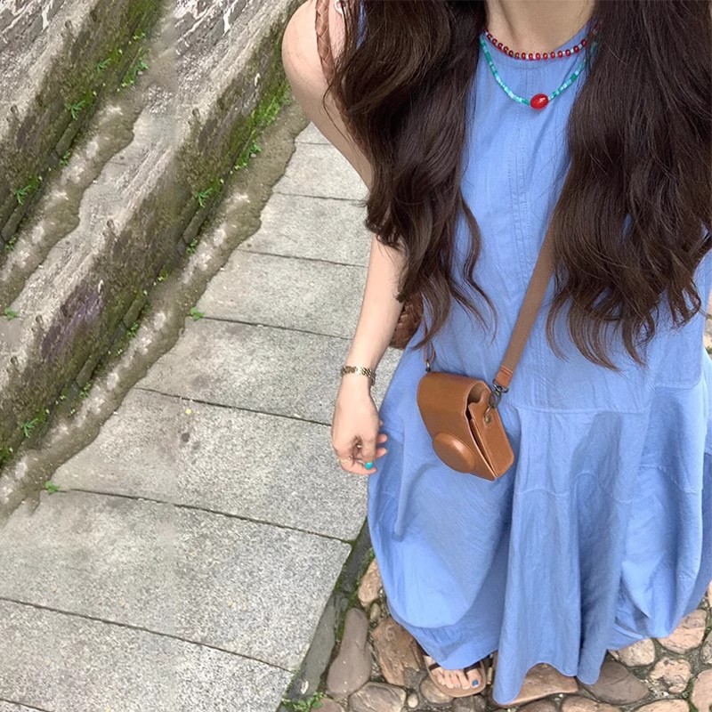 海邊度假法式氣質超好看藍色長裙無袖洋裝
