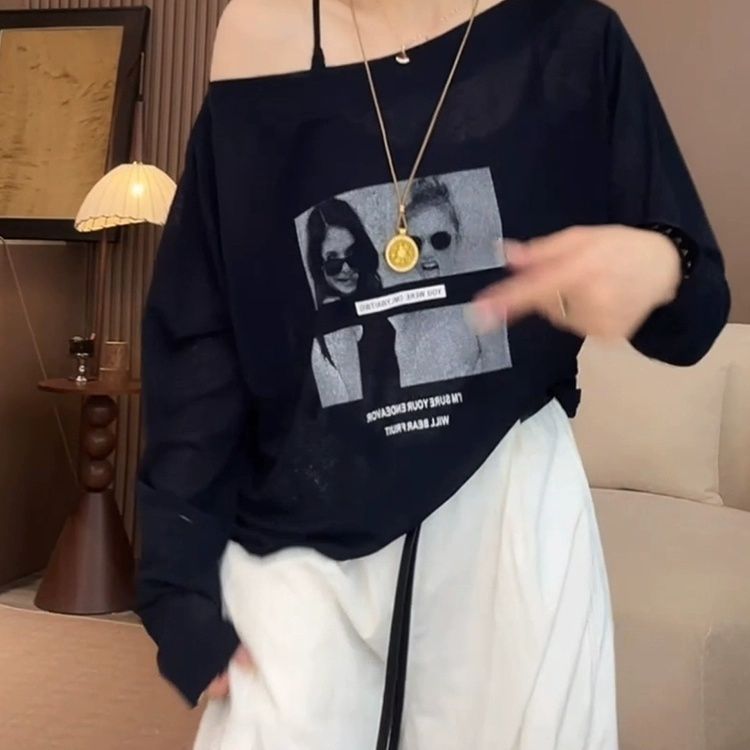 大碼露肩一字領美式慵懶風寬鬆防曬長袖罩衫T恤