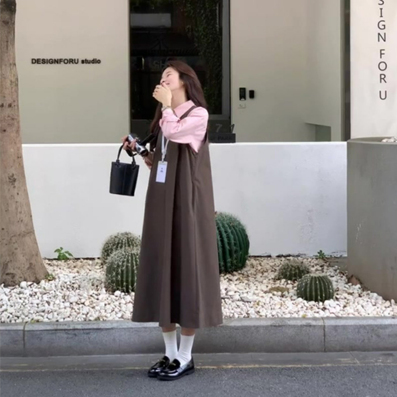 【單件/套裝】減齡粉色長袖襯衫+寬鬆背帶長裙兩件套