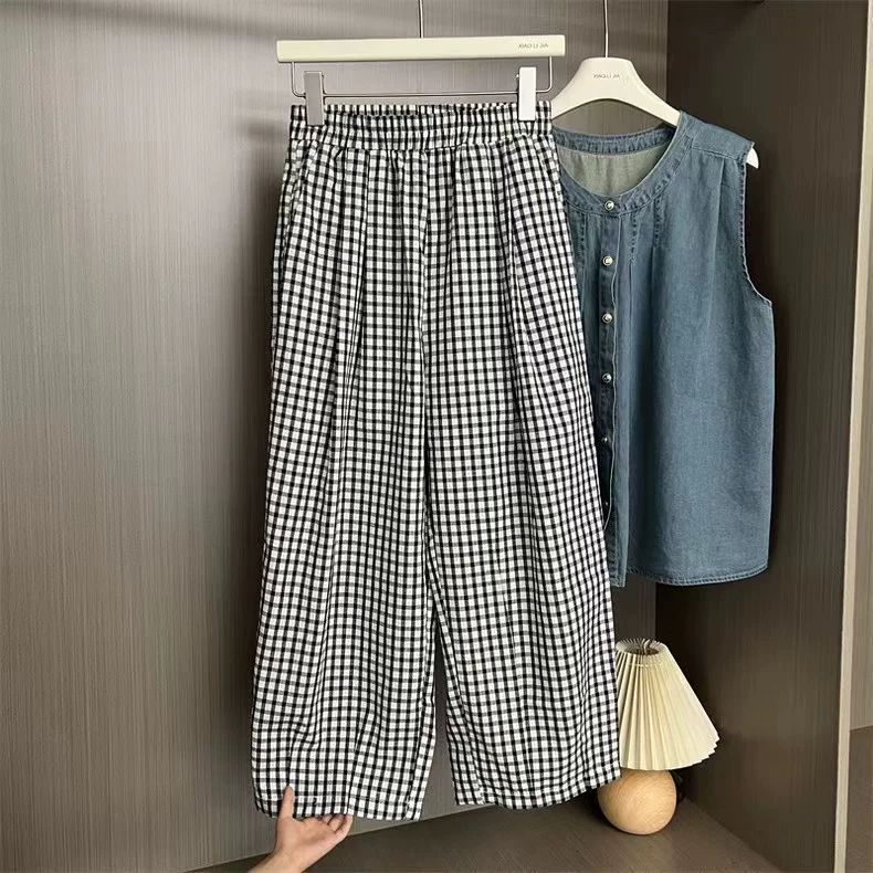【單件/套裝】港風復古牛仔無袖襯衫+格子闊腿褲兩件套