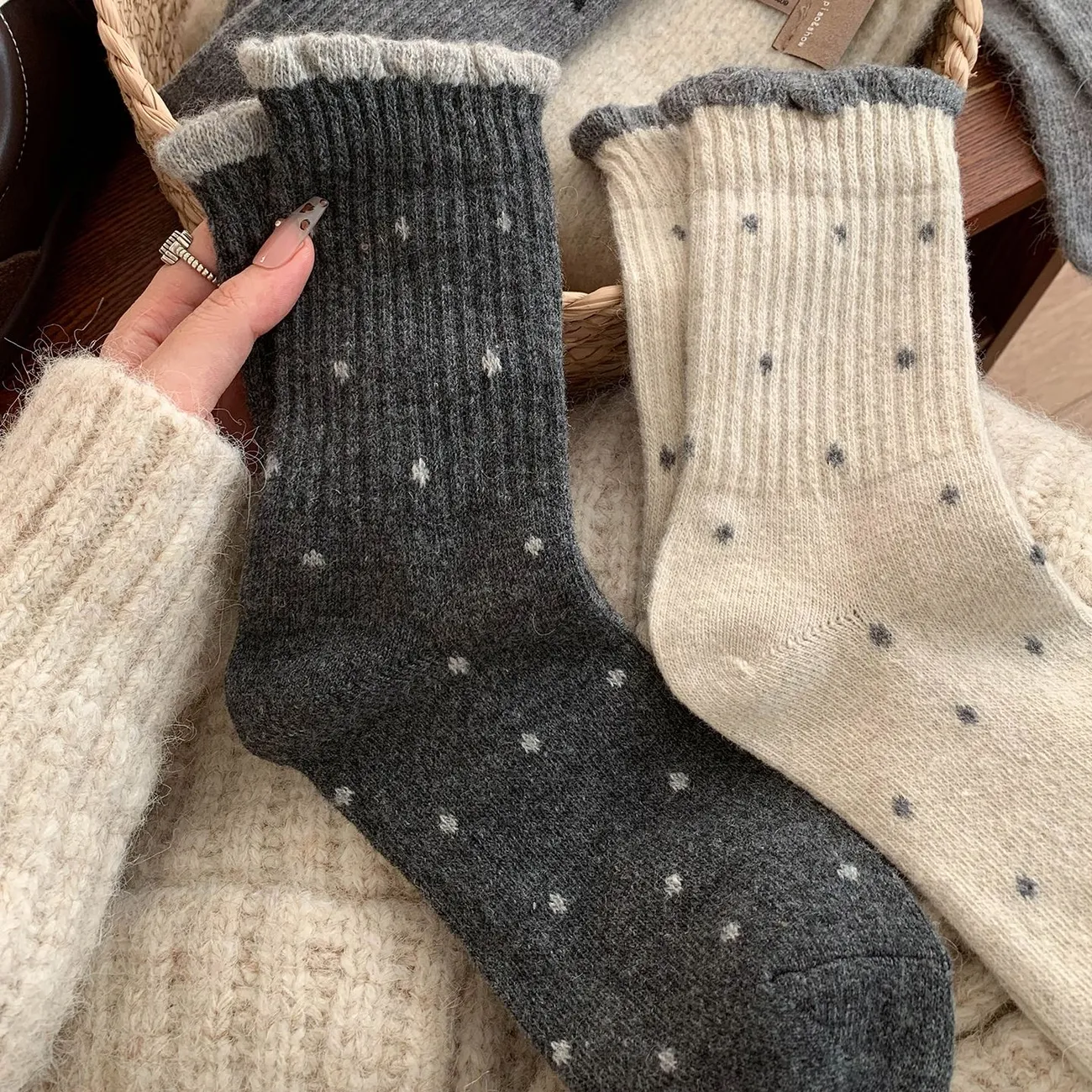 波點溫柔花邊復古可愛百搭堆堆百搭中筒棉襪