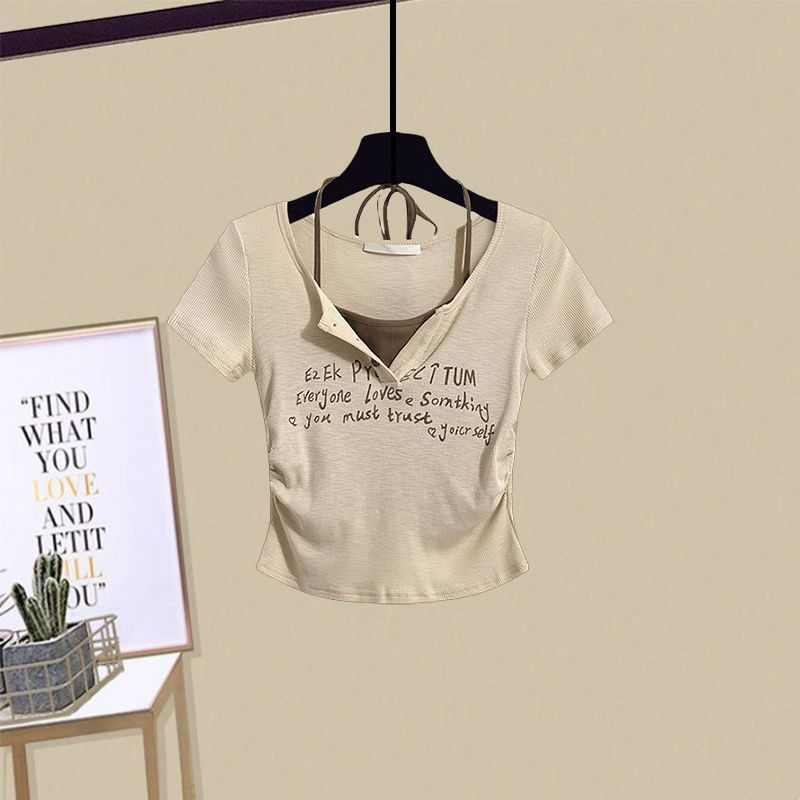 【單件/套裝】掛脖假兩件短袖顯瘦工裝裙兩件套裝