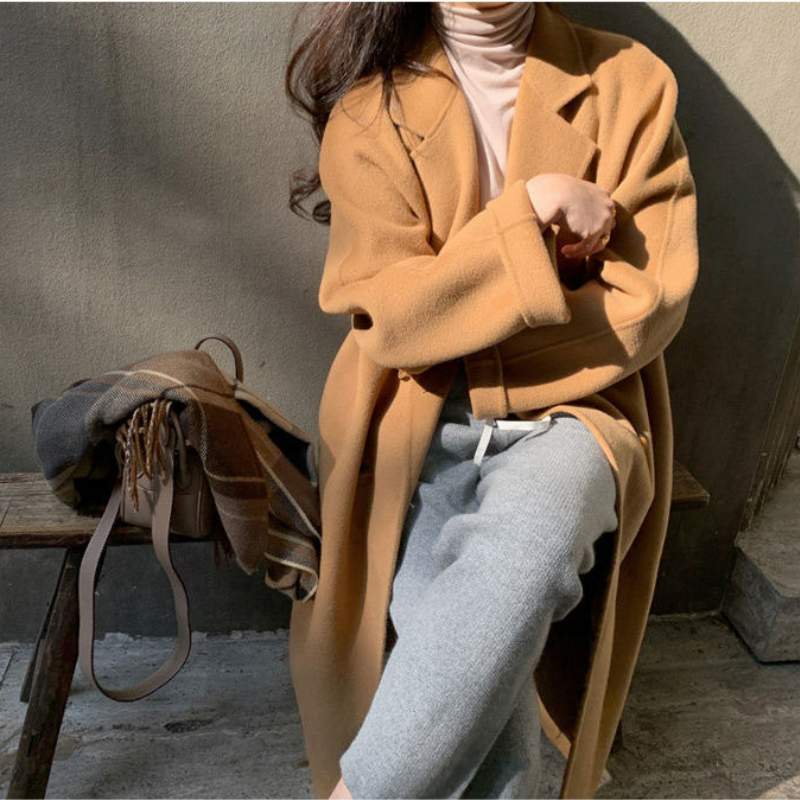 韓系中長版寬鬆高級感雙排扣大衣仿毛呢外套