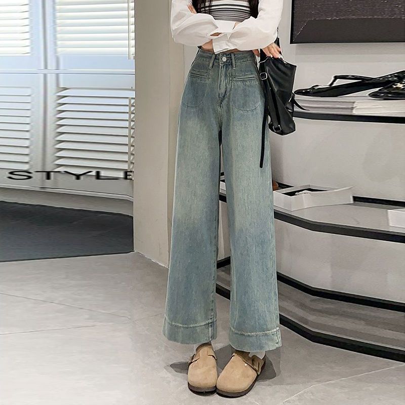 窄版高腰直筒捲邊顯瘦百搭闊腿牛仔褲