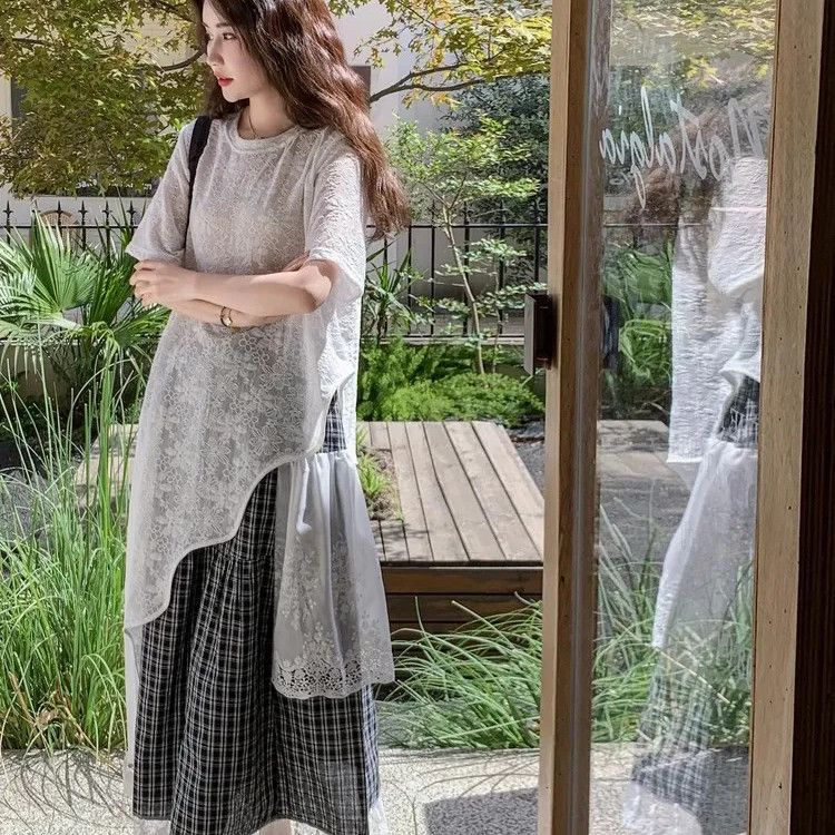 【單件/套裝】高級設計感蕾絲衫+黑白格半身裙兩件套