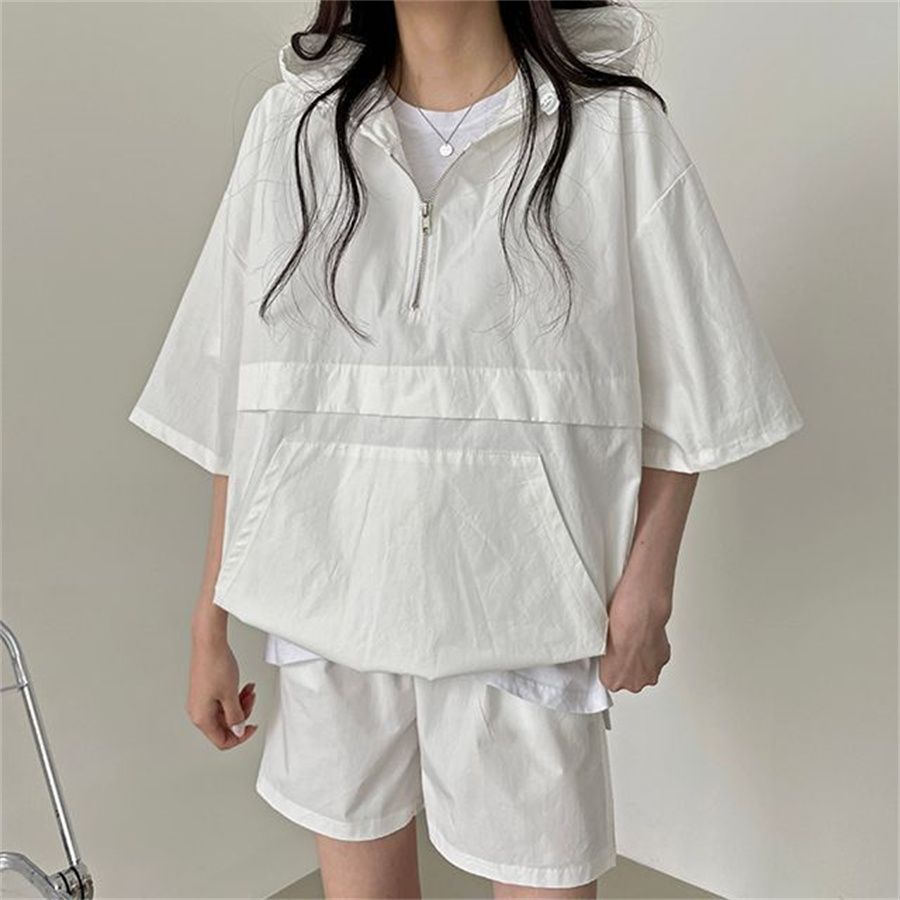 【整套】韓版素色時尚寬松連帽短袖+運動百搭休閑褲兩件套