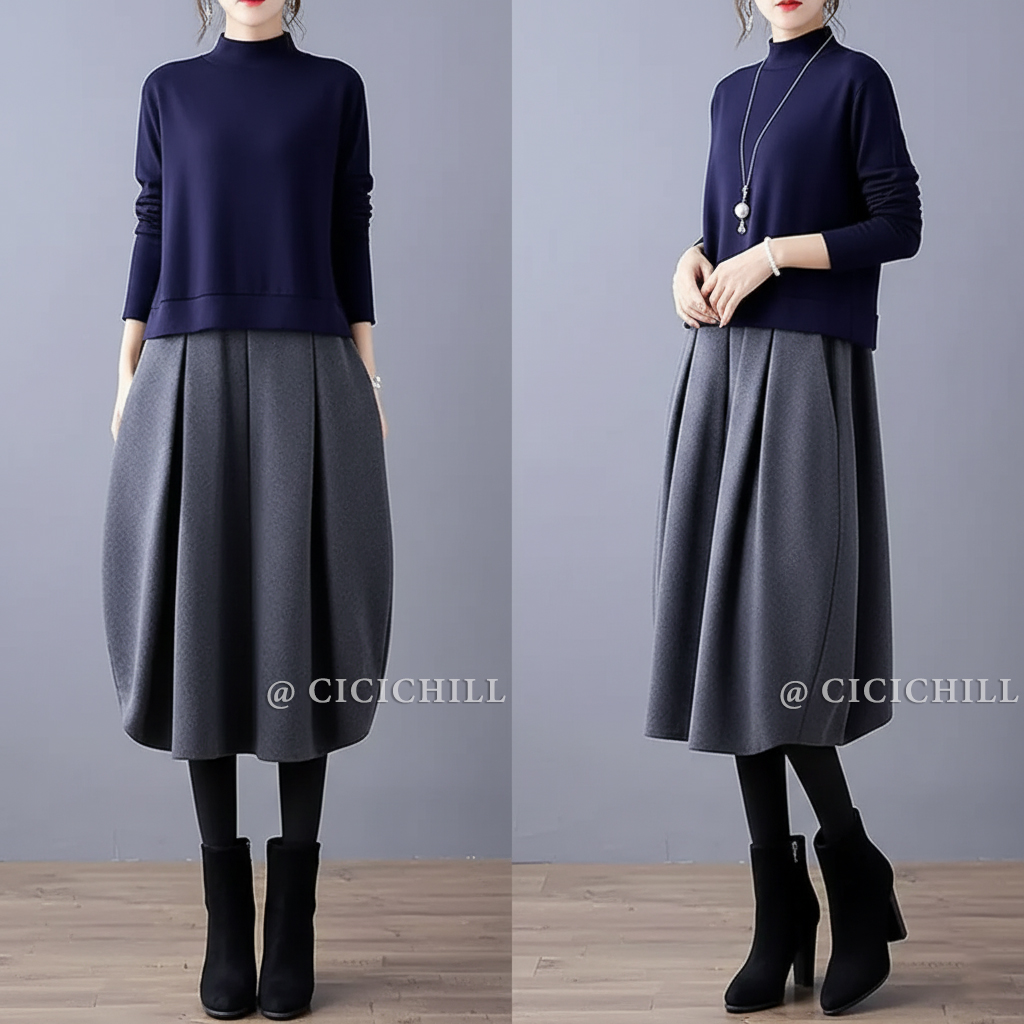 日韓休閑圓領長袖潮流拼色假兩件洋裝