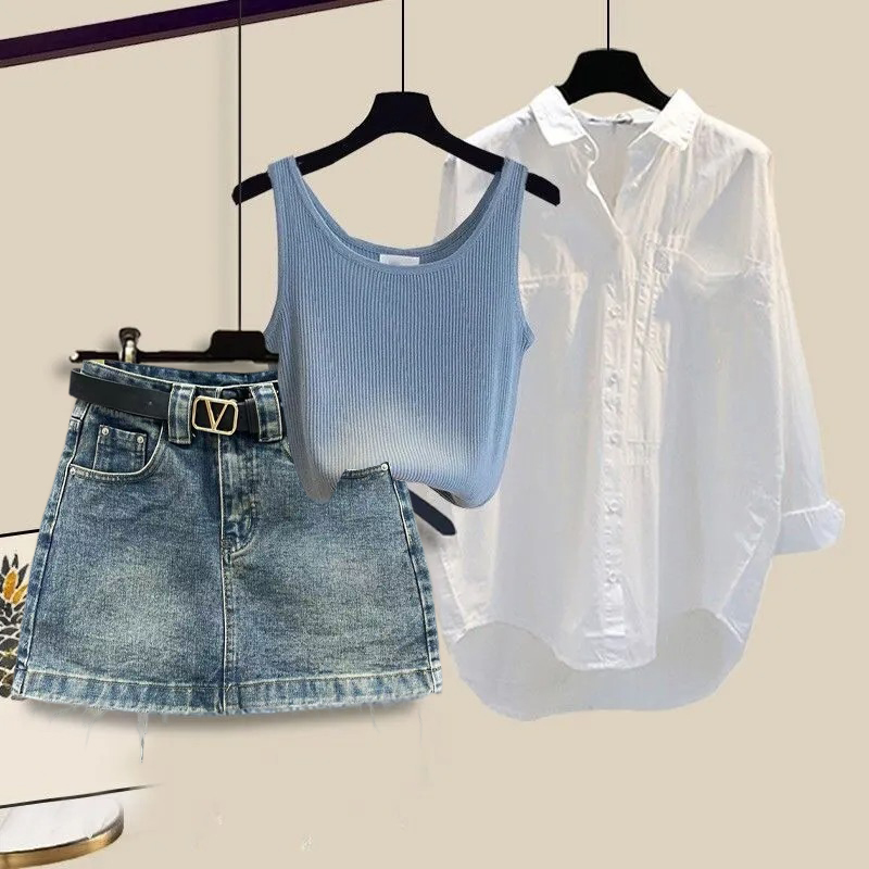 【單件/套裝】韓版百搭襯衫背心顯瘦牛仔裙三件套裝