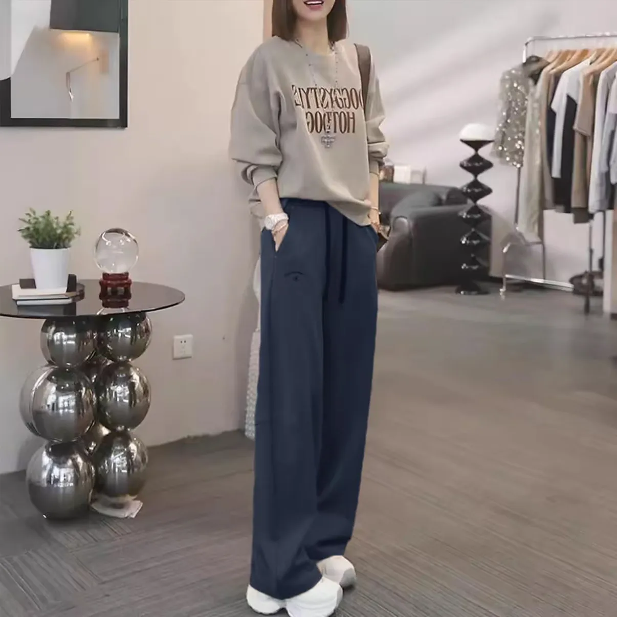 【單件/套裝】減齡字母印花長袖+闊腿褲兩件套