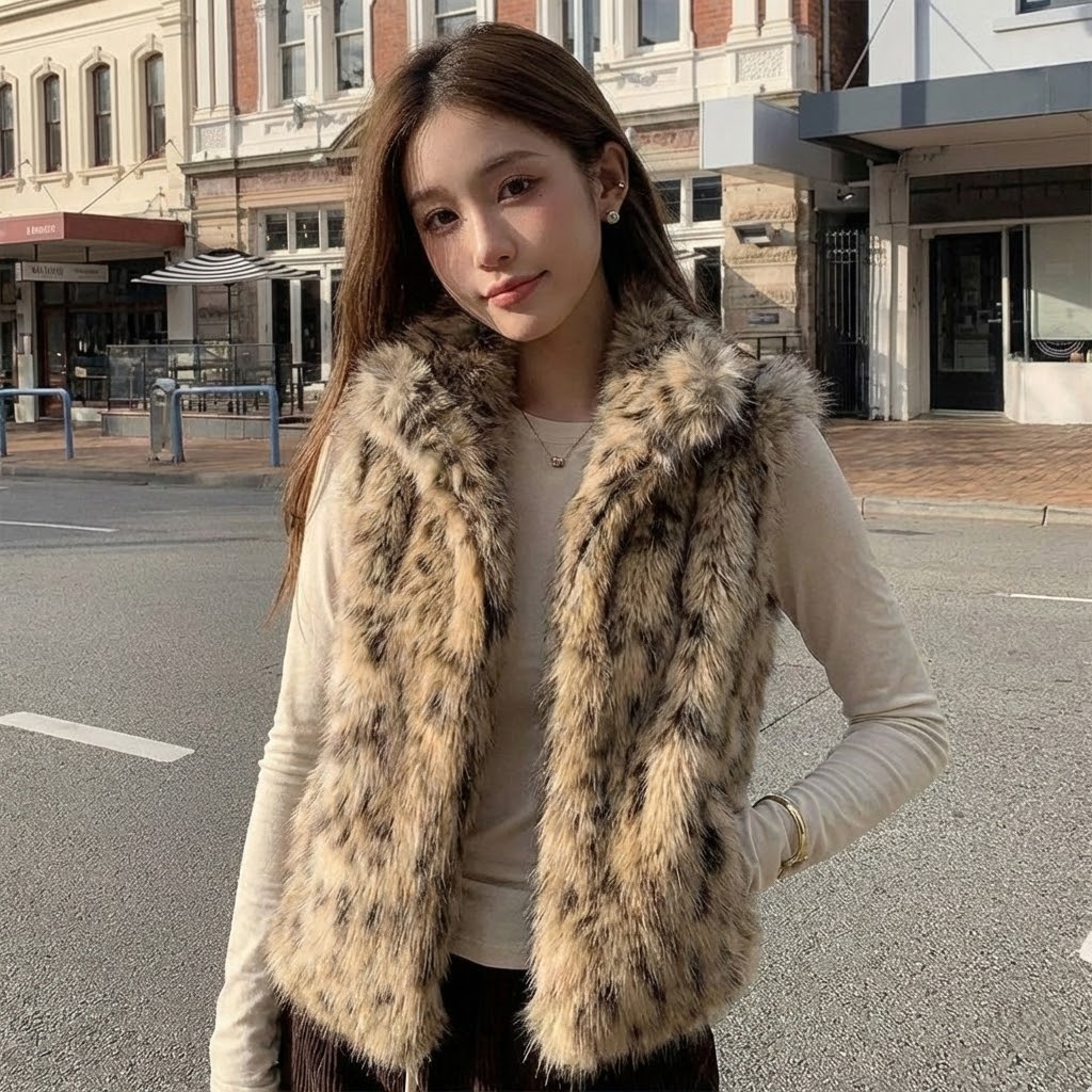 雙面穿時髦俏皮漸變雪豹皮草馬甲外套