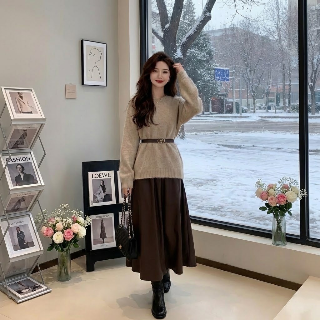 【單件/套裝】素色長袖針織衫+高腰半身裙兩件套