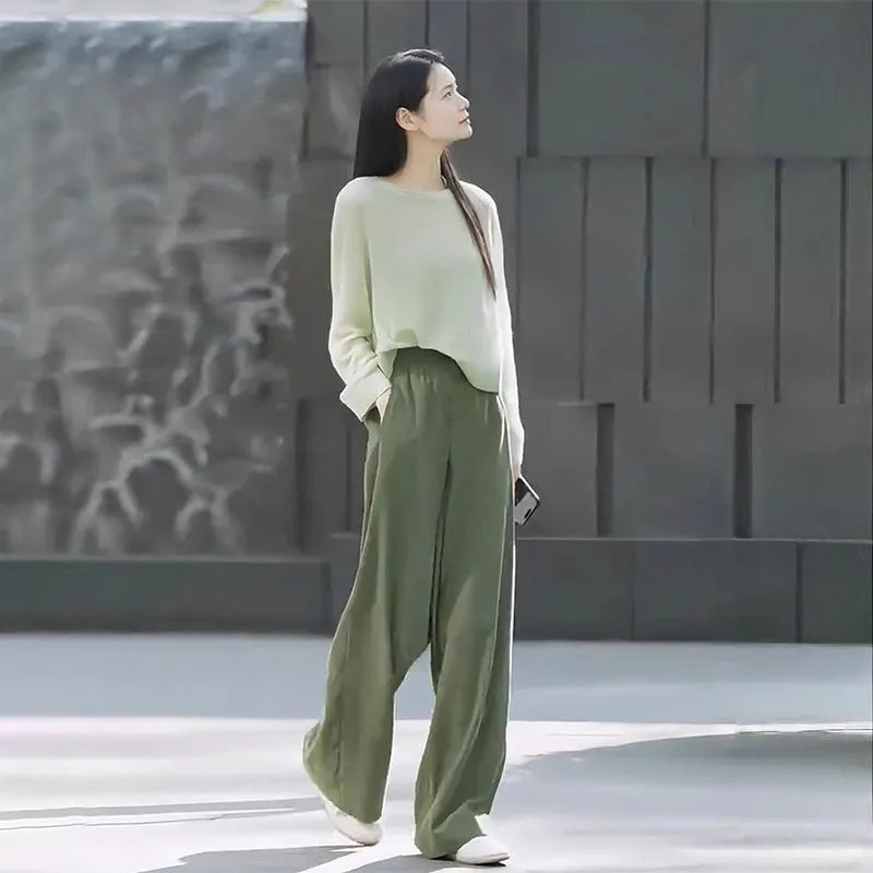 【整套】慵懶圓領上衣+闊腿褲兩件套裝