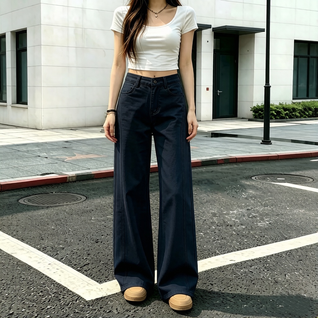 彎刀休閒褲中高腰提臀顯瘦百搭闊腿褲