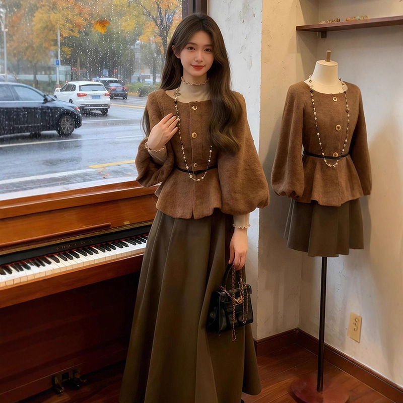 【單件/套裝】高級感氣質絕美燈籠袖上衣+咖色半身裙兩件套