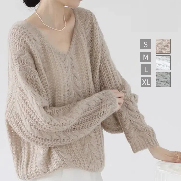 法式軟糯溫柔風V領鏤空慵懶風寬鬆長袖針織衫-Cicichill