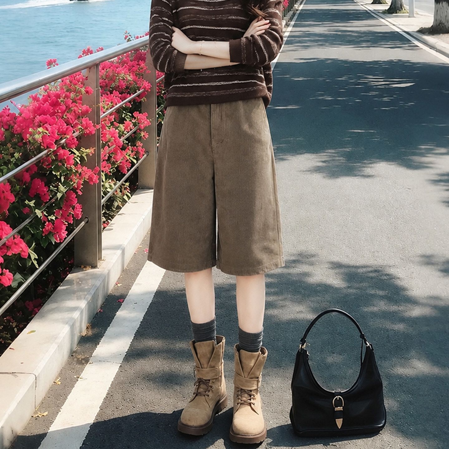 【单件/套装】减龄条纹长袖灯芯绒阔腿五分裤两件套装